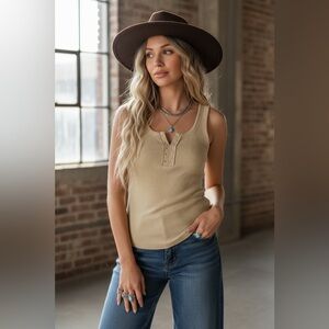 NWT Very J Washed Round Hem Ribbed Tank Top Shirt Beige